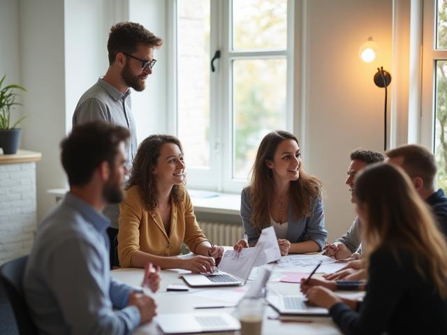 Diverse team collaborating in a bright office