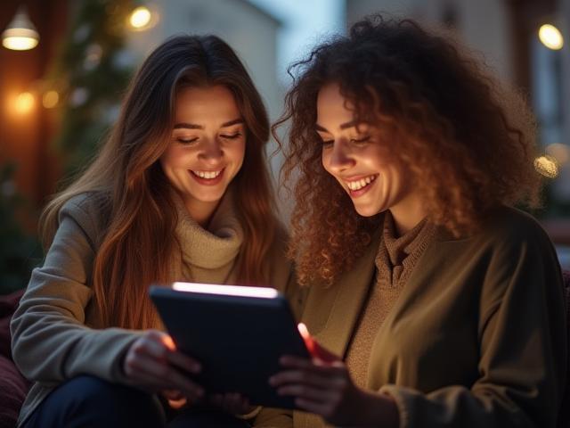 Smiling people looking at positive news on a tablet